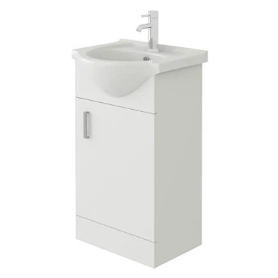Image of VeeBath Mars 450 Vanity Unit Furniture, Ceramic Wash Basin Sink, Floor Standing, Soft Close Doors Bathroom Storage Cabinet White (Assembled)