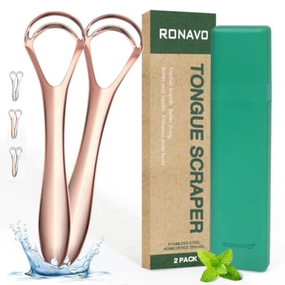 Image of New Upgrade Tongue Scraper with Dual Scraping Head, Cleaner for Adults Kids Fight Bad Breath, Metal Travel Case, Rose Gold, 2 Pack by RONAVO
