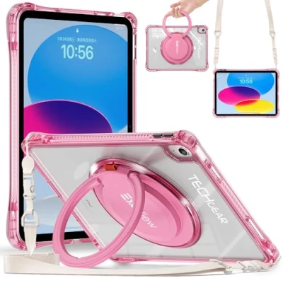 Image of TECHGEAR ExoView Case for Apple iPad 10th Generation 10.9&quot; / 10 2022, Tough Rugged Slim Shockproof Clear with Stand, 360 Rotating Ring Grip Hand Holder and Shoulder Strap Pink