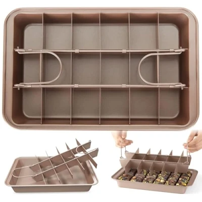 Image of LOLYSIC Brownie Tin, Non Stick Tray with Dividers, 18 Lattice Rectangular Carbon Steel Traybake Tin for Oven Baking, Gold, 31 x 20 4 CM