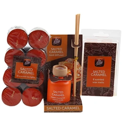 Image of Pan Aroma Salted Caramel Fragrance Diffuser, Melts, Incense, Candles 3 Piece Gift Set
