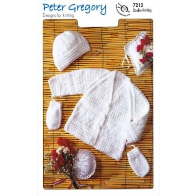 Image of Peter Gregory Double Knitting Pattern for Baby Long Sleeved Cardigan Hat &amp; Mittens (7212)