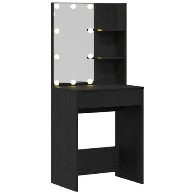 Image of vidaXL Dressing/Vanity Table Black Oak Wood, 60x40x140cm, LED Mirror, Bedroom Furniture