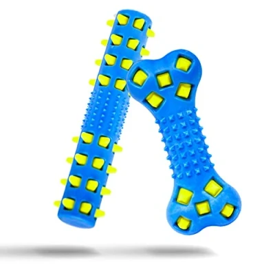 Image of Petopedia 2 X SPIKE Dog Chew Toys for Dogs Bone SQUEAKY Tough Teething DOUBLE LAYERED Interactive Boredom Balls (Blue (Yellow Spike), &amp; Stick)