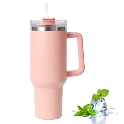 Image of Uezeth Tumbler with Straw Lid and Handle, Stainless Steel Coffee Travel Insulated Cup Mug, 40oz/30oz Mug Water Bottle Thermos for Hot Cold Coffee(Pink)