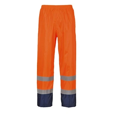 Image of Portwest H444 Hi Vis Waterproof Rain Trousers Reflective Lightweight Contrast Safety Pants Class 1 Orange/Navy,