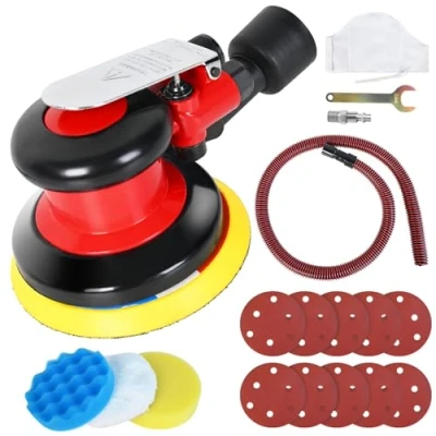 Image of SI FANG 5 inch Dust Free Air Random Orbital Sander Industrial Vaccum Pneumatic Car Polisher with Collection &amp; 125mm Sandpaper Polishing Pads Kit, 12000RPM Palm Sanders for Sanding Wood Metal Wall