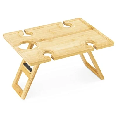 Image of Navaris Portable Wine Picnic Table Foldable with Bottle and Glass Holder Small Bamboo Outdoor Beach Tray for Adults Holds 4 Glasses