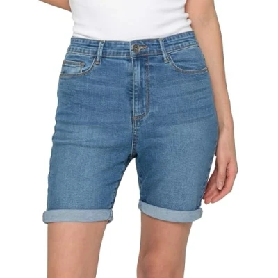 Image of 989Zé ENZO Womens Denim Shorts Skinny Stretch Casual Slim Fit Above The Knee Turn Up Summer (UK, Numeric, 6, Regular, Blue)