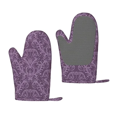 Image of Heat Resistant Silicone Oven Gloves Sets Of 2 Purple Kitchen Non Slip Mitts 1 Pair For Baking Cooking Bbq