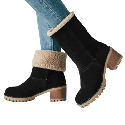 Image of Gomice Round Toe Boots Comfortable Snow for Women with Chunky Heel Warm Winter Shoes, Chic Shoes Women, Girls, Ladies