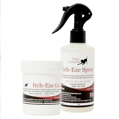 Image of Pro Equine itchy dog pack 100% natural Aloe Vera products include 1 x Itch Eze Gel 150g, Spray 250ml. Instant relief for skin conditions, soothes and cools hot irritated areas.