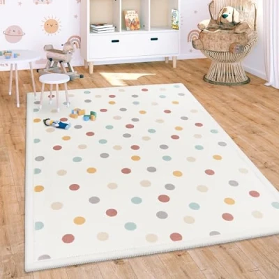 Image of Paco Home Nursery Area Rug Kids For Bedroom Girls Boys Non slip Rainbow Animal Motif Dots, Size:120x160 cm, Colour:Beige