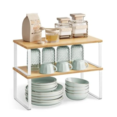 Image of SONGMICS Spice Rack, Set of 2 Cupboard Shelf Organisers, Expandable Kitchen Organiser, Stackable Holder, Metal and Engineered Wood, Cloud White Natural Beige KCS210W01