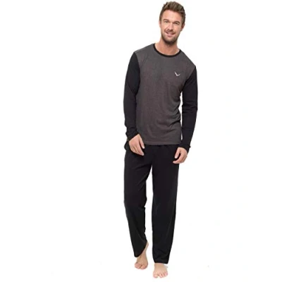 Image of INSIGNIA Mens Pyjama Set Long Sleeve Top &amp; Pants Cotton Pjs (Charcoal_Black, 3XL)