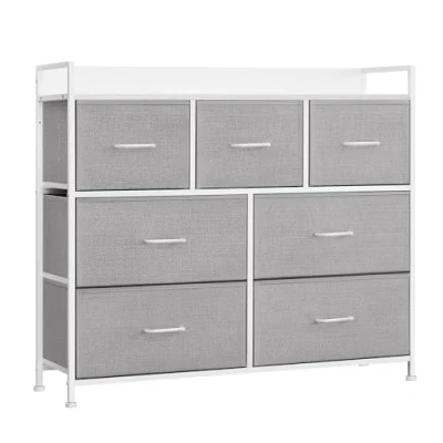 Image of SONGMICS Chest of Drawers, Bedroom Cabinet, 7 Fabric Drawers with Handles, Metal Frame, Dove Grey and Cloud White LTS523L10