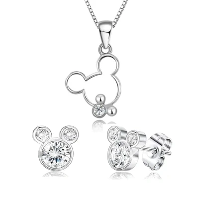 Image of Kaguyo jewellery Sets for women Sterling Silver Clear Zirconia Mickey Mouse Pendant Necklace with Red Enamel Bow Minnie stud Earrings and Girls Birthday Gift (hollow mickey)