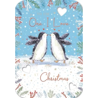 Image of Noel Tatt One I Love Christmas Card, Single Cards with Kissing Penguins Romantic Design Special Finishes Eco Friendly Xmas Envelope