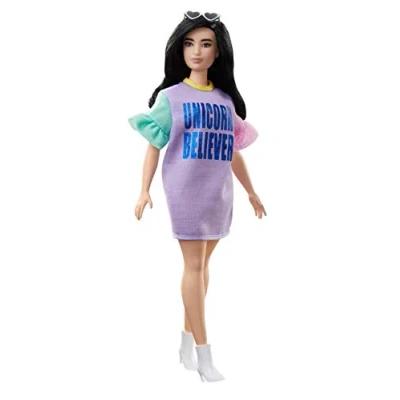 Image of Barbie Fashionistas Doll​ with Long Brunette Hair Wearing Unicorn Believer Dress and Accessories, for 3 to 8 Year Olds