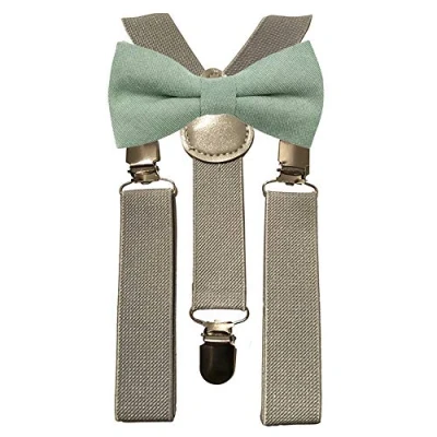 Image of Children&#039;s Kids Boys Pre Tied and Elasticated Cotton Bow Tie &amp; Grey Braces Set (Sage Green) suitable for formalwear, weddings, parties, pageboy outfits