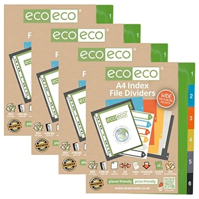 Image of eco A4 50% Recycled Multipunched Reinforced Colour Set 6 Index Wide File Dividers 200mic (Pack of 4), eco027x4