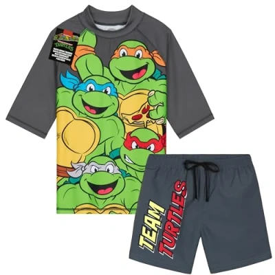 Image of Get Trend Swimsuit Set for Boys Teenagers 2 Pcs with Swimming Trunks Rash Vest Beach Trip Holiday Essentials (7 8 Years, Grey TMNT)