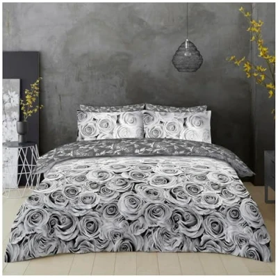 Image of GC GAVENO CAVAILIA Luxury Amelia Floral King Size Duvet Cover Sets, Reversible Botanical Blossom Flowers Bedding Grey