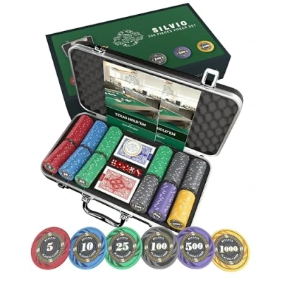Image of Bullets Playing Cards &#039;Silvio&#039; Poker Set with 300 Ceramic Chips printed values including Dealer Button, Double Pack of