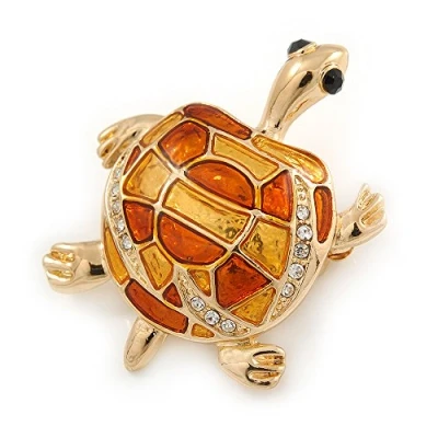 Image of Avalaya Gold Plated Crystal Enamel Turtle Brooch 40mm L