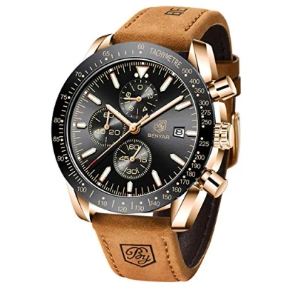 Image of BENYAR Men&#039;s Watch Quartz Sports Chronograph Fashion Business Luxury Brand Waterproof Analog Date Brown Leather for Men (Brown Gold Black)