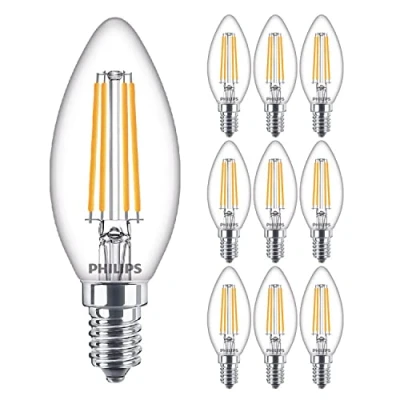 Image of Philips 10 Pack Classic LED Clear Filament Candle B35 Lamp 6.5W (60W) E14 SES Small Edison Screw 2700k Warm White 806 Lumen 15000 Hours Car Air Freshener Included 80+ CRI