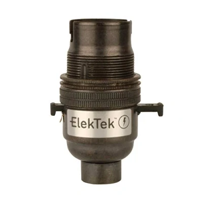 Image of ElekTek Safety Switch Lamp bulb Holder B22 BC Bayonet Cap with Shade Ring 10mm/M10 x1 Threaded Bottom Entry Bronze Child Safe Push Bar locks OFF when not inserted. Made in UK