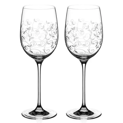 Image of DIAMANTE Red Wine Glasses Pair ‘Floral Moda’ Collection Hand Etched Crystal Set of 2