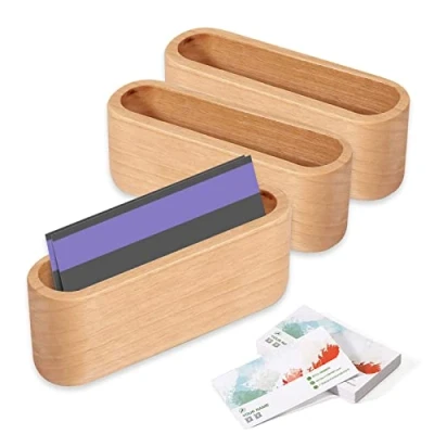 Image of Qixuer Wooden Business Card Case, Holder 3 Pcs Color Name Case Storage Box Organizer For Office Display Stand Desk Desktop