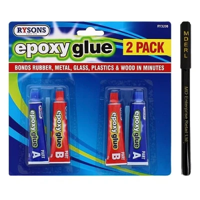 Image of 2 Pack Epoxy Glue Set for Repair of Bonds Rubber, Metal, Glass, Plastics &amp; Wood in Minute Comes with MDERL Ballpen