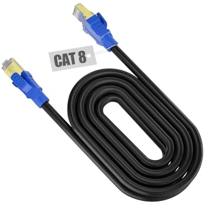 Image of Ethernet Cable 10m High Speed, Cat 8 Internet Flat Long Network Outdoor Indoor Wlan Waterproof Patch Wifi Black FTP Shielded RJ45 LAN for Router (10 Clips)
