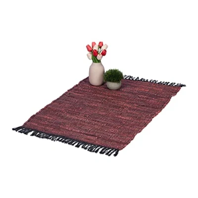 Image of Relaxdays Boho Runner Rug, Cotton and Leather, Non Slip, Hand Woven, with Tassels, for Living Area, 60x100 cm, Burgundy