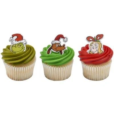 Image of DecoPac How The Grinch Stole Christmas! Rings, Cupcake Decorations With Cindy Lou Who, Grinch, Max, Christmas Cake Toppers, Food Safe Festive Toppers 24 Pack