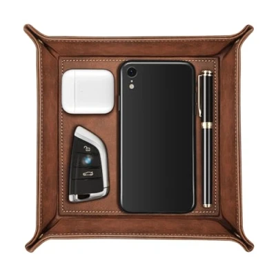 Image of SITHON Valet Tray Desktop Storage Organiser Premium PU Leather Catchall Bedside Vanity Nightstand Caddy Holder for Remote Controller, Keys, Phone, Wallet, Coin, Jewelry, (Brown)