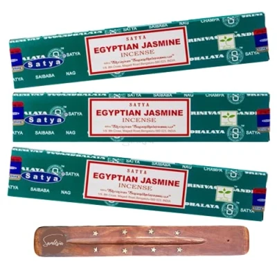 Image of Satya Nag Champa Egyptian Jasmine incense Sticks x3 pack with SAMASIA holder Used for Aromatherapy, Yoga, Meditation and Relaxation