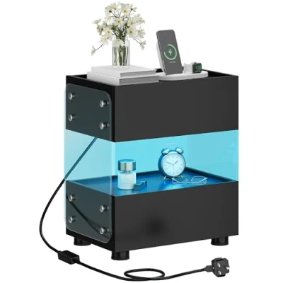 Image of YITAHOME Bedside Table, Side Coffee Table with LED Lights, 7 Color Light Strip, Modern Accent Cabinet Nightstand Transparent Tempered Glass for Bedroom Living Room, Black