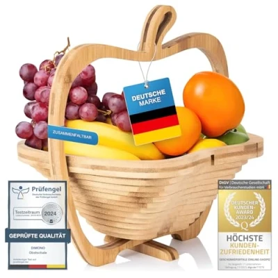 Image of Dimono® Bamboo Folding Fruit Basket, Bowl, Vegetable Bowl and Trivet Basket &amp; Cutting Board, 3 in 1 beautiful apple design