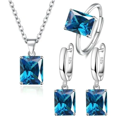 Image of FDEETY Jewelry Sets for Women Rhinestone Crystal Necklace Adjustable Ring Drop Dangle Earrings Set Gifts Bridesmaid Costume Dress Prom (Blue)