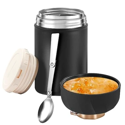 Image of GOEDEKE Food Flask,600ml (20 oz) Flask Container,Stainless Steel Double Walled Soup Leak Proof Jar Containers with Foldable Spoon for Hot and Cold Meals (Black)