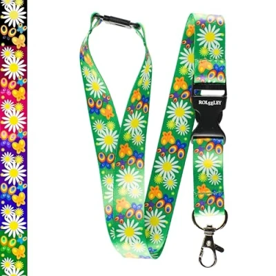 Image of ROLSELEY Multicolour Lanyard Neck strap with Floral Daisies Green pattern Safety Breakaway (1 Green)