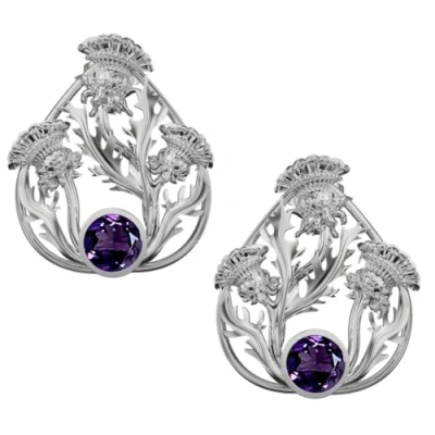 Image of CAIRN Scottish Sterling Silver Thistle Stud Earrings With Amethysts Baird. Jewellery Gift Box Included. 6121