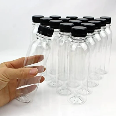 Image of YankMooM 16 Pack Clear Juice Bottles,150ml Reusable Empty Plastic Bottles with Lids for Milk Water and Other Beverages (Black)