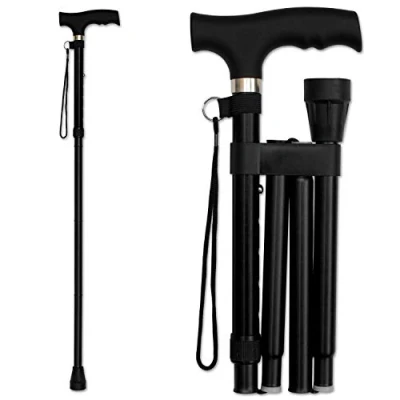 Image of RMS Folding Cane Foldable, Adjustable, Lightweight Aluminum Offset Walking Collapsible Stick with Ergonomic Derby Handle Ideal Daily Living Aid for Limited Mobility (Black)