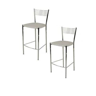 Image of t m c s Tommychairs Set of 2 stools ELEGANCE suitable for kitchen, bar and Dining room, structure in chromed steel with an upholstered seat covered light grey artificial Leather