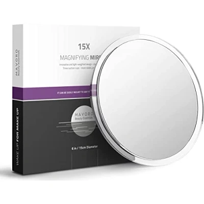 Image of Mavoro Magnifying Mirror with Suction Cups Triple Cup Stick on 15X Magnification. Portable Travel Makeup Mirror, Magnified Cosmetic (15X)